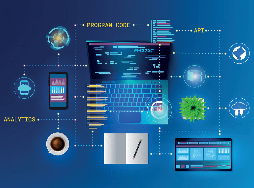 API-infographic Graphic illustrating API integration into a workflow
